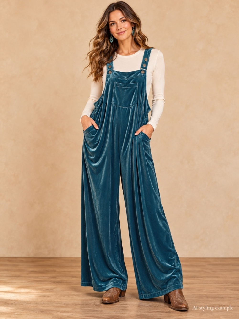 BiBi Dark Teal Velvet Wide-Leg Overall Jumpsuit – Medium